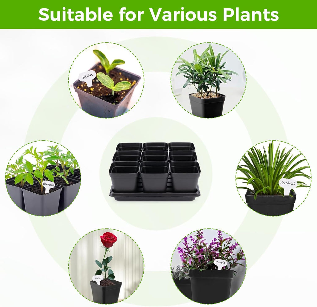 Seed Starter Tray Kit 3.5" 50 Pcs Square Nursery Pots Trays 9 Cell Seed Starting Pots with Drainage Holes 5 Pcs Seed