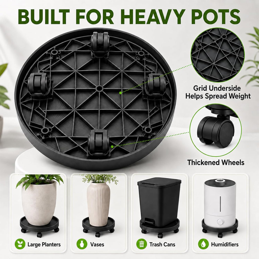 2 Pack 14" Plant Caddy with Wheels, Heavy Duty Rolling Plant Stand Dolly | Pot Feet & Water Removal Dropper, Black