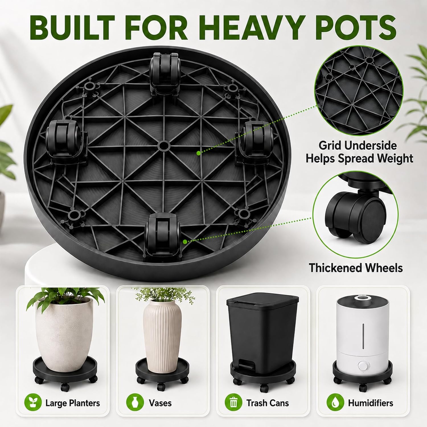 2 Pack 14" Plant Caddy with Wheels, Heavy Duty Rolling Plant Stand Dolly | Pot Feet & Water Removal Dropper, Black