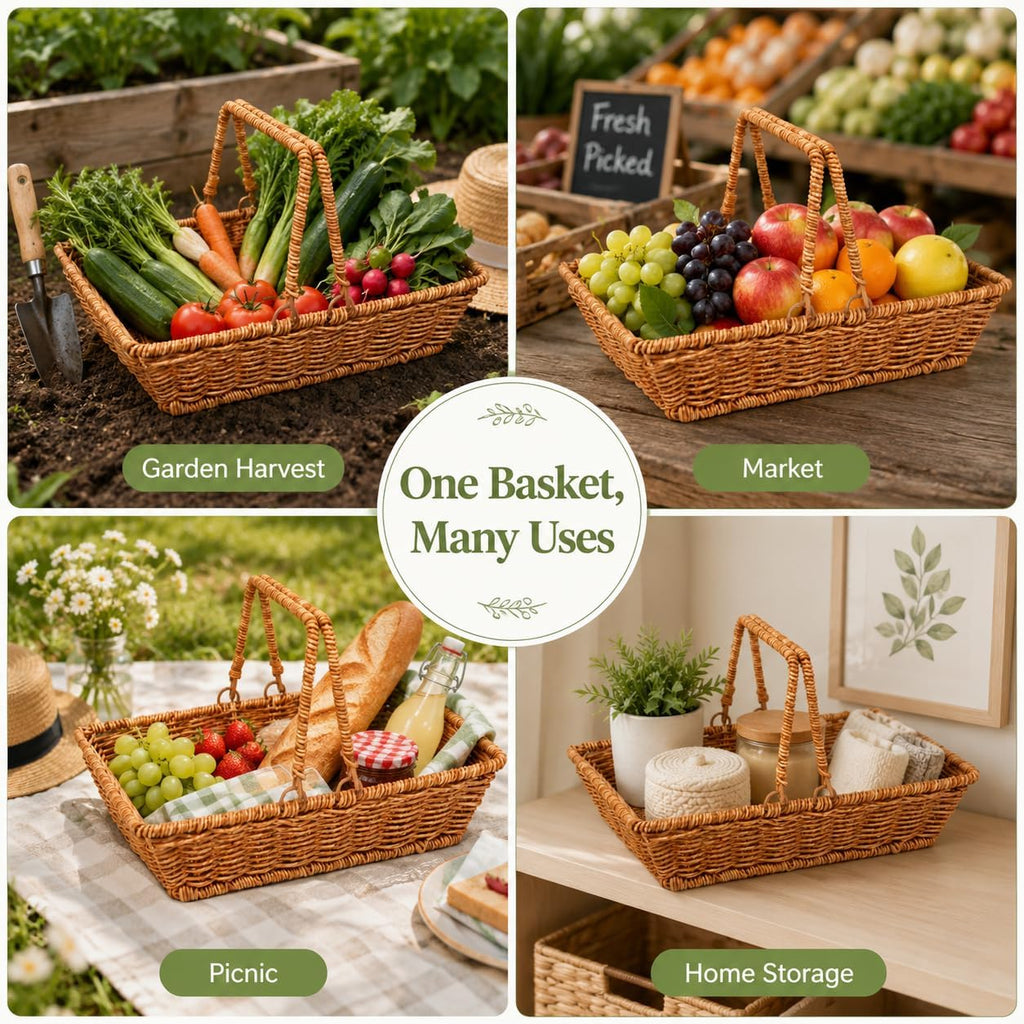 Handwoven Wicker Garden Trug & Harvest Basket with Handles, Garden Flower Baskets for Gathering Vegetables & Gathering