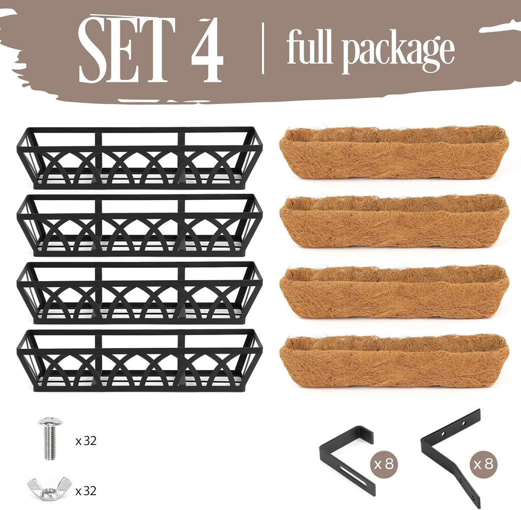 4 Pack 32IN Window Box Planter Basket w/Adjustable Brackets (S1) | Adjustable Brackets, Hanging Flower Planter Basket