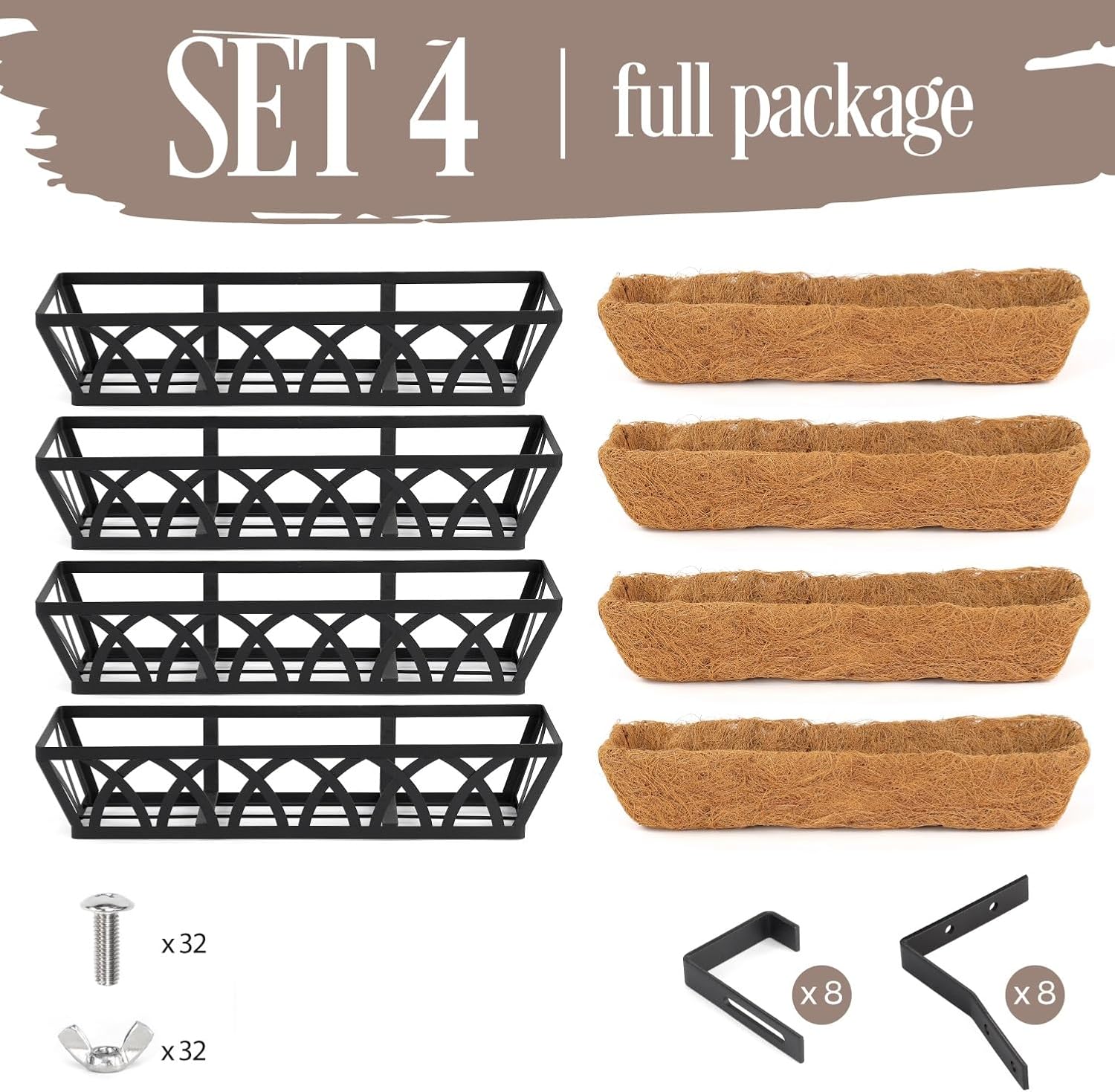 4 Pack 32IN Window Box Planter Basket w/Adjustable Brackets (S1) | Adjustable Brackets, Hanging Flower Planter Basket