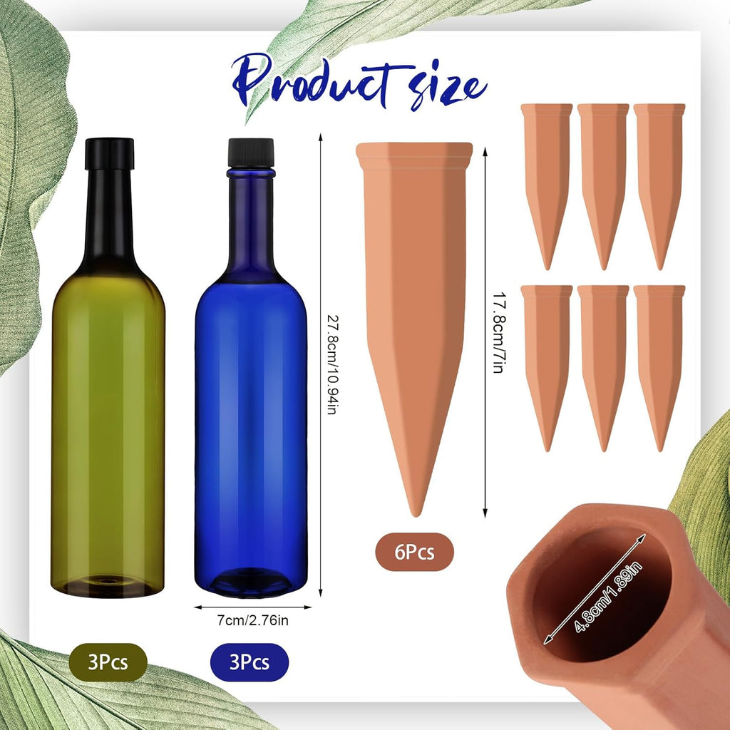 SiliFine 6 Sets Terracotta Watering Spikes,Blue Green and Terracotta | 26 oz Bottles for Slow Release Watering, Self