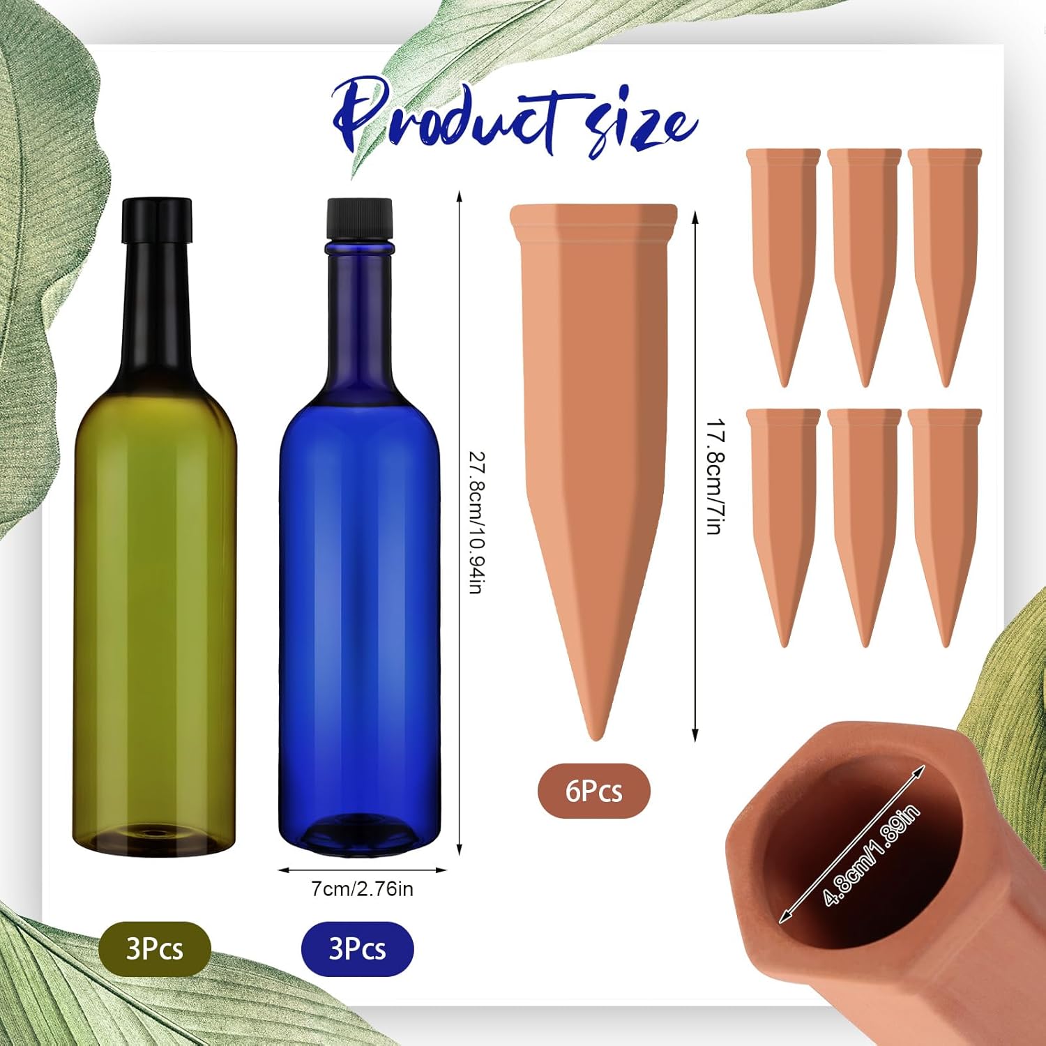 SiliFine 6 Sets Terracotta Watering Spikes,Blue Green and Terracotta | 26 oz Bottles for Slow Release Watering, Self