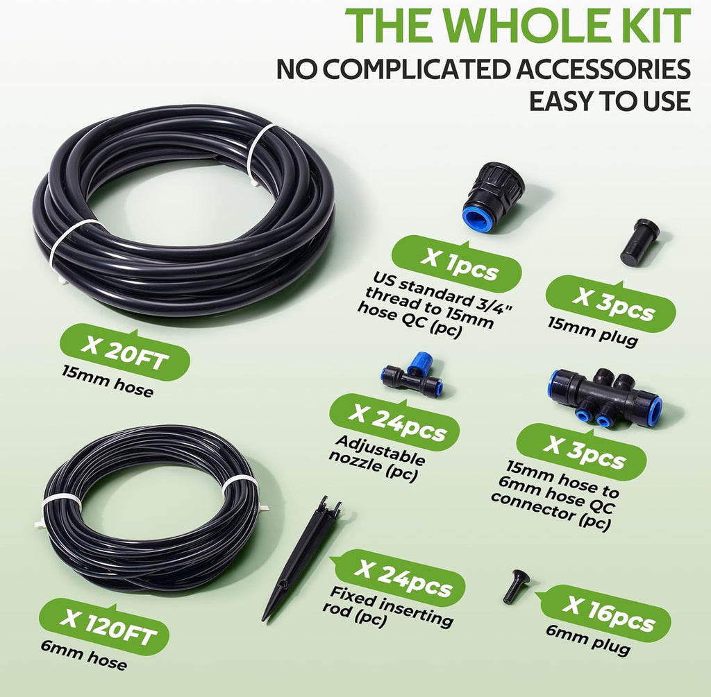 HIRALIY 140FT Quick-Connect Drip Irrigation Kit for Large Gardens | Garden watering system with 120FT tubing, 20FT main