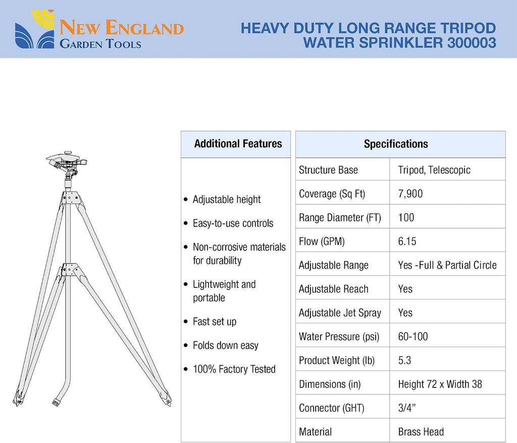 Heavy Duty Tripod Sprinkler 300003, Long Range Sprinkler with 100 FT Reach, 6 Feet Adjustable Tripod Height, 360° Range