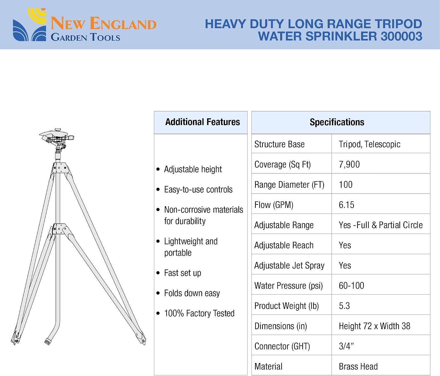 Heavy Duty Tripod Sprinkler 300003, Long Range Sprinkler with 100 FT Reach, 6 Feet Adjustable Tripod Height, 360° Range