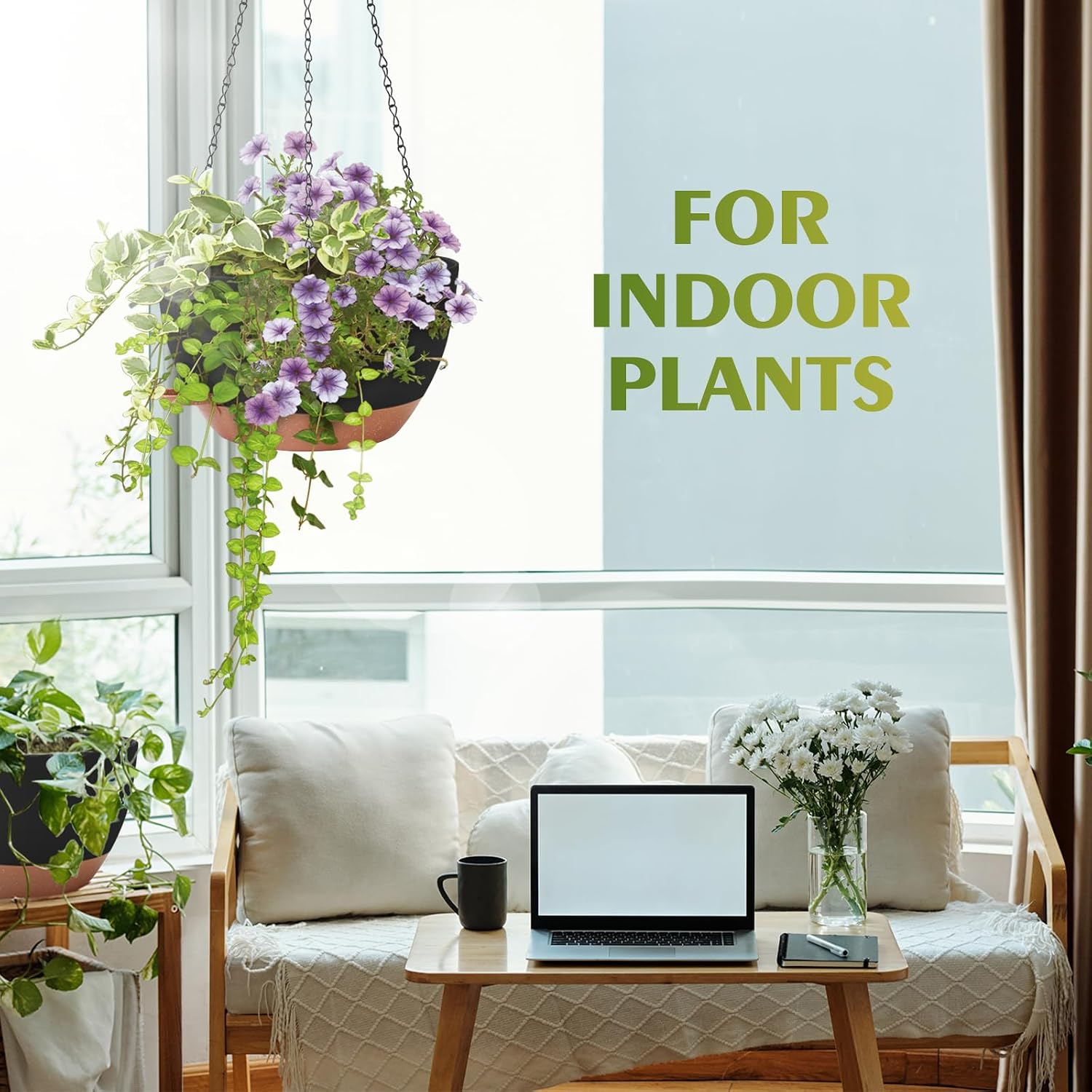Hanging Planters, Self Watering, Black 12 Inch 2 Pack with Drainage | Indoor Outdoor Use, Removable Drainage Tray