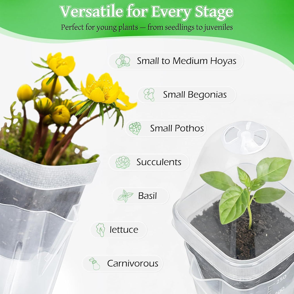 12 Pack 2.5" Self Watering Propagation Pots with Humidity Dome, Clear Plastic Seed Starter Cups, for Seedlings