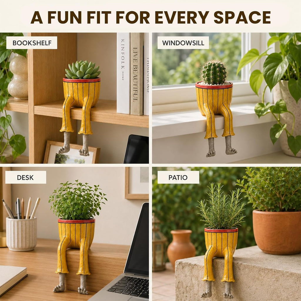 Creative Sitting Human-Shaped Flowerpots, Funny Plant Pot with Legs | Succulent Planters,Unique Resin Design，Cute