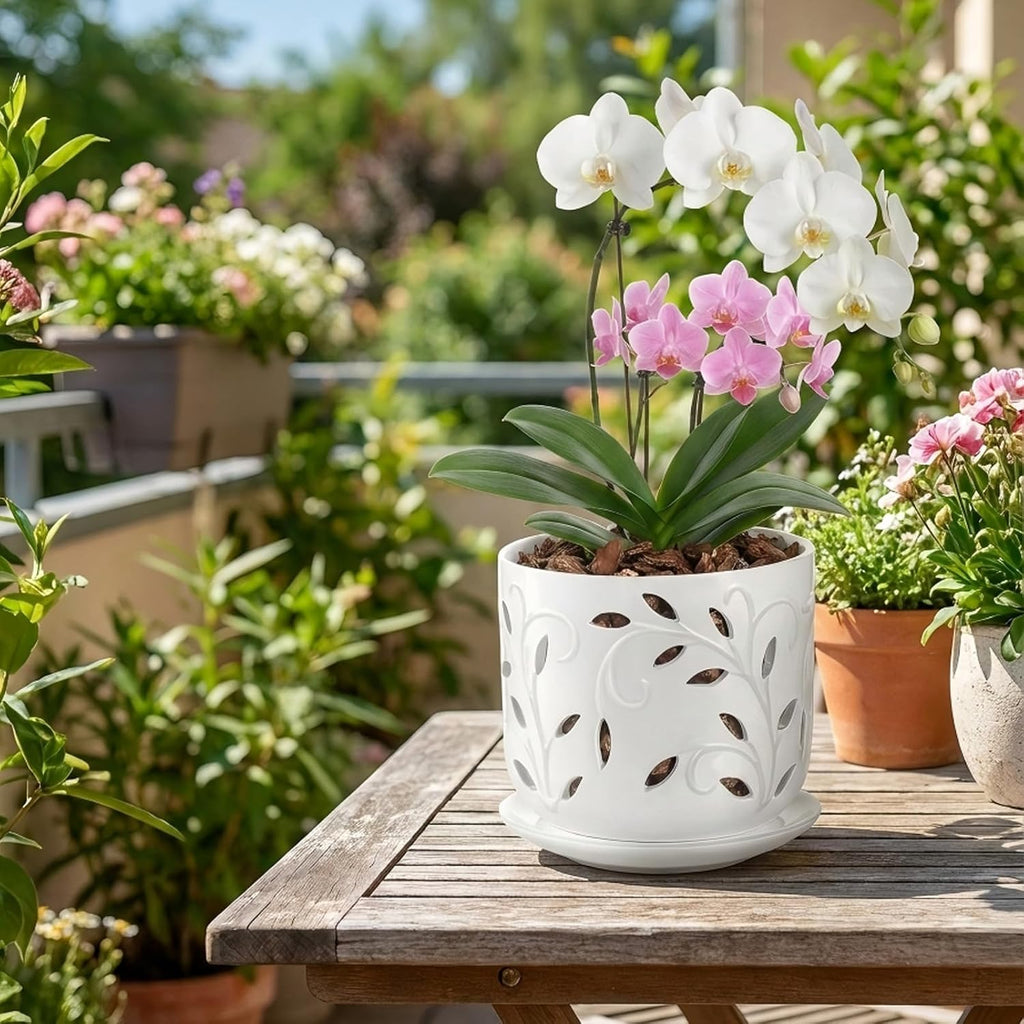 EFISPSS Ceramic Orchid Pots 5+6 Inch White with Drainage Holes & Tray, Breathable Airflow, Indoor & Outdoor