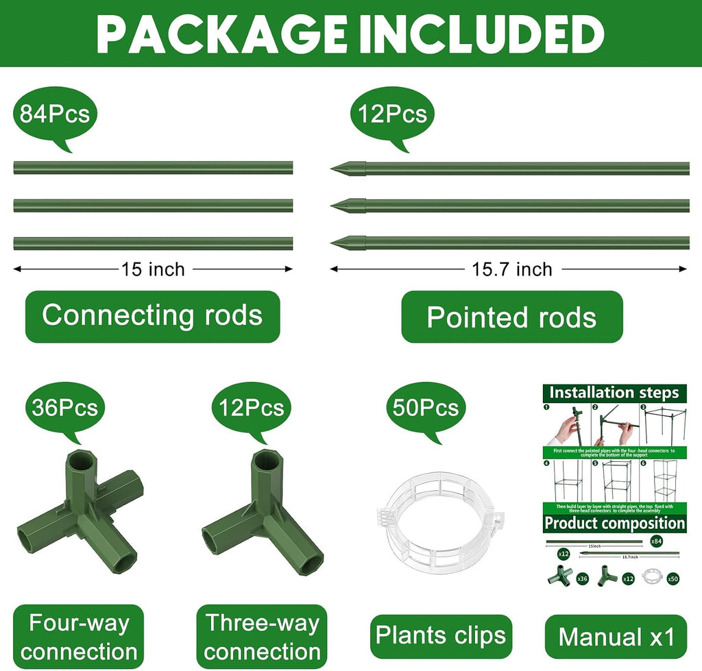 Unves 3 Pack Tomato Cage, 16" W x 66" H Tomato Trellis, with 50 Pcs Clips | Square Tomato Cage Support Frame, Suitable