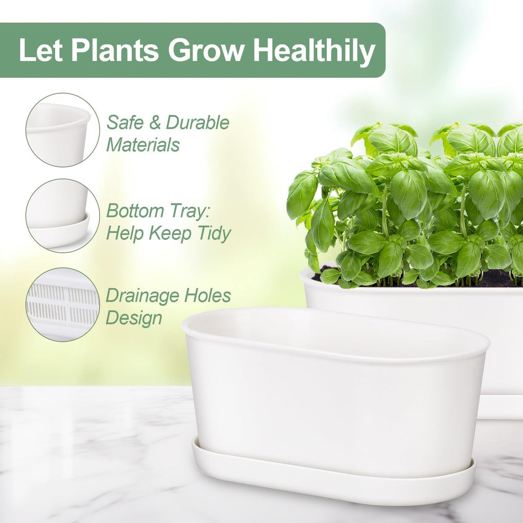 Set of 8 White Oval Window Sill Planters with Drainage Holes and Trays（7 Inch） for Herbs Basil Orchids Succulents