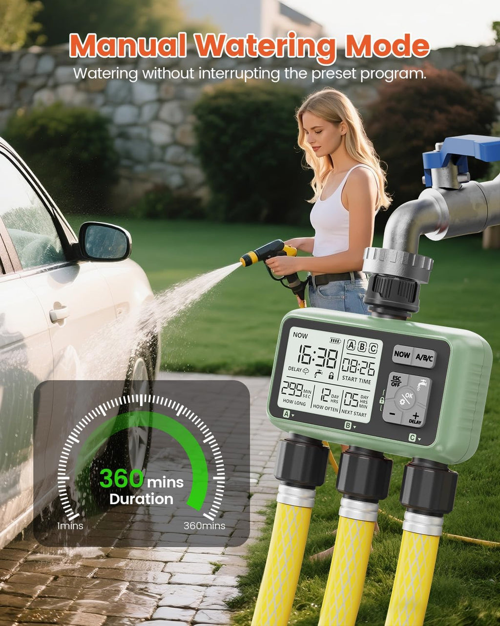 3 Zone Sprinkler Timer, Programmable Water Timer for Garden Hose | 3 independent zones, programmable watering, rain