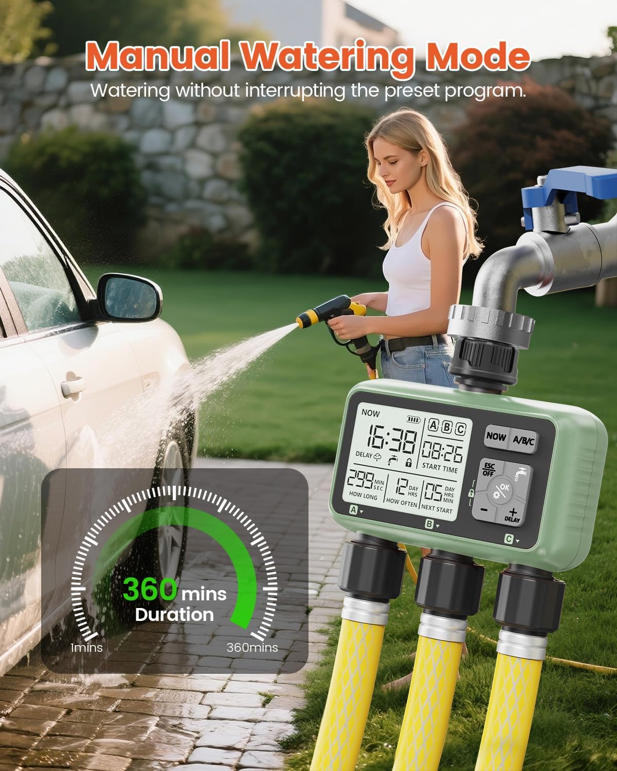 3 Zone Sprinkler Timer, Programmable Water Timer for Garden Hose | 3 independent zones, programmable watering, rain