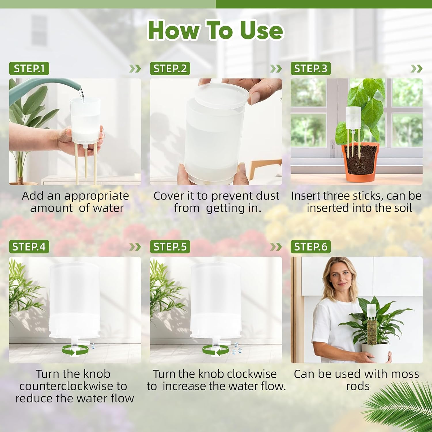 6 Pack Adjustable Moss Pole Watering Dripper,Self Watering Planter Insert with Flow Control, Automatic Watering Planter
