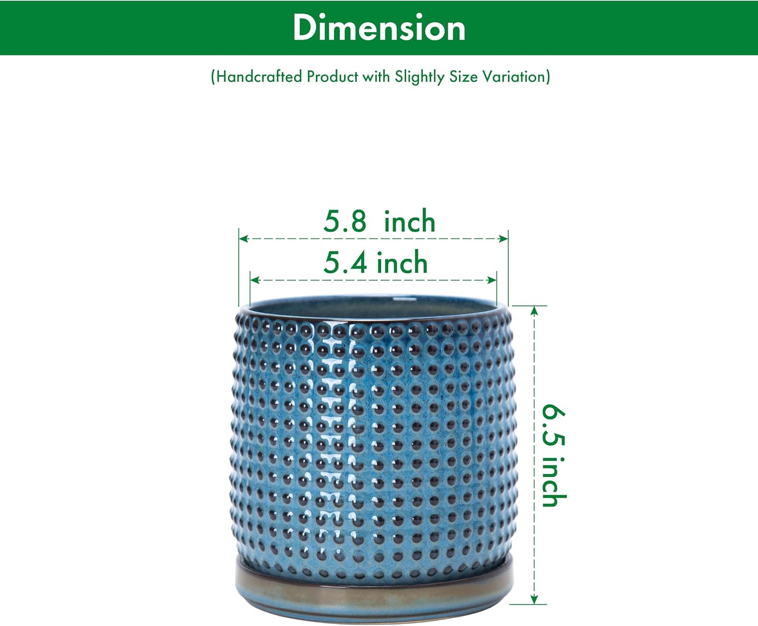 D'vine Dev Beaded Ceramic Pot with Saucer, 6 in, Ocean Teal, 27-C-X-8 | Embossed Dot Texture, Smooth Glazed Finish