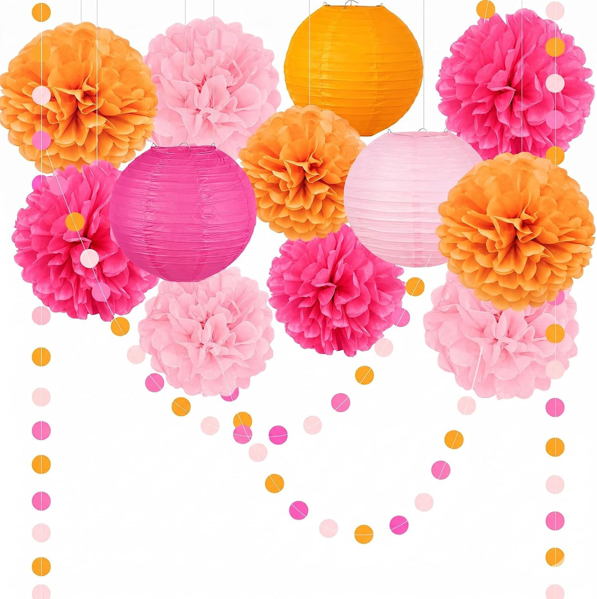 14 Pcs Pink Orange Party Decorations, Pom Poms, Paper Lanterns, Garlands