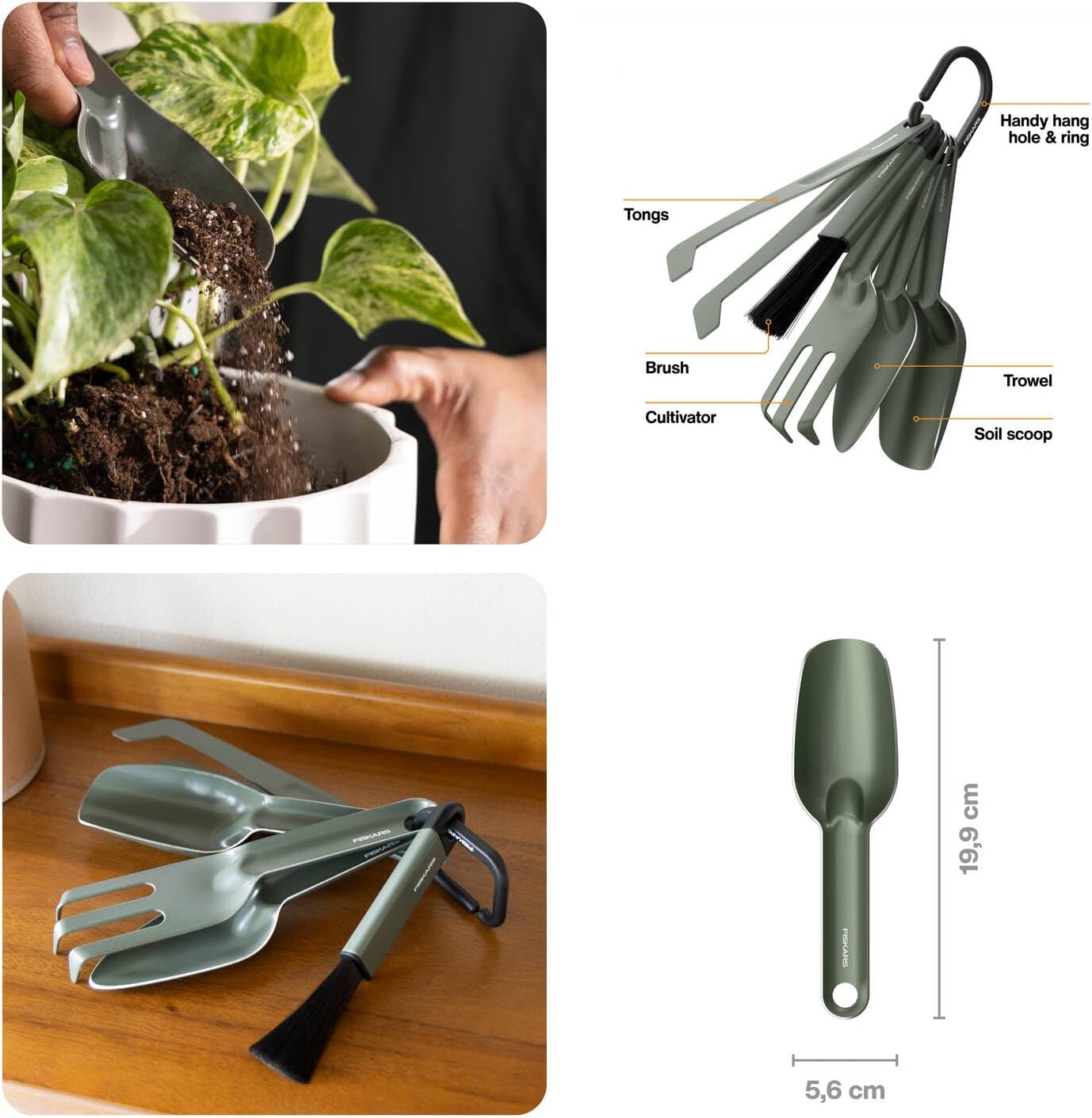 Fiskars Urban Plant Care Planting Tools Set, 5-Piece | All-in-One Kit for Indoor Plants, Space Saving Design, Stainless