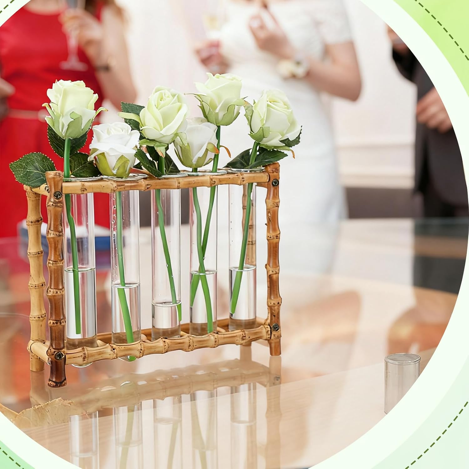 Natural Bamboo Vase with 5 Glass Tubes, Plant Propagation Station with Test Tube, Hydroponic Plants Cutting, Modern Art