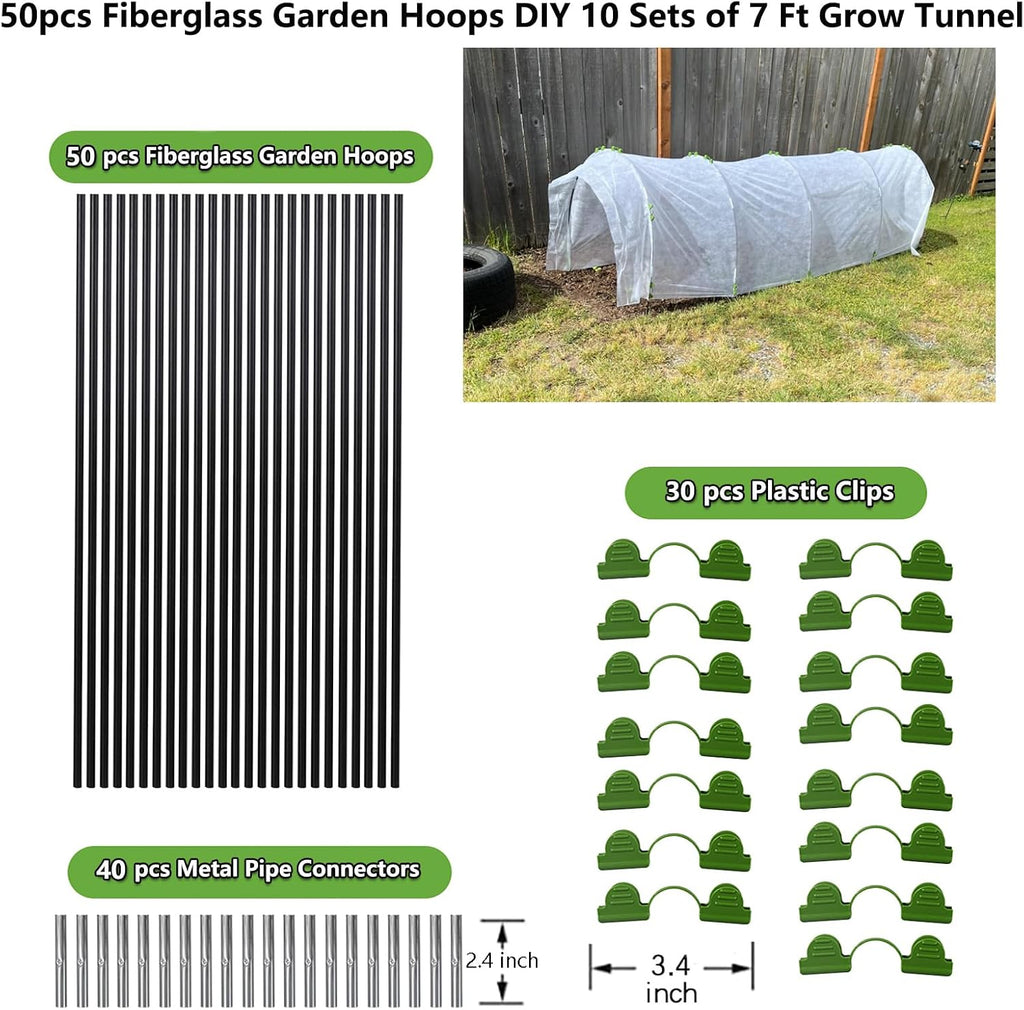 Greenhouse Hoops Grow Tunnel, 10 Sets 7FT Garden Hoops | Rust-Proof Fiberglass Frame for Raised Beds, Garden Netting