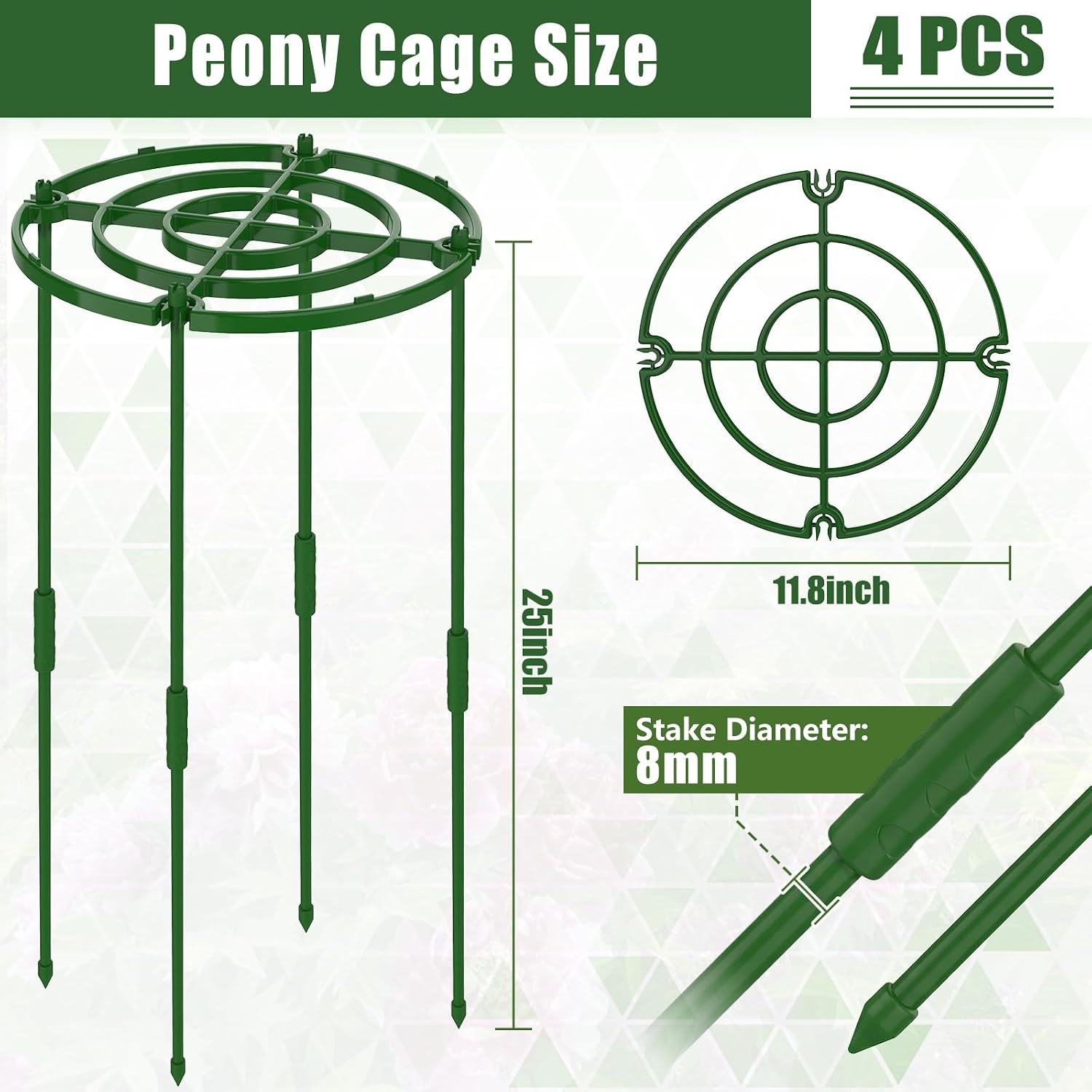 MJZ 4 Pack Peony Cages and Supports, 11.8" D x 25" H Plastic Plant Supports | Peony Support Cage Flower Support Rings