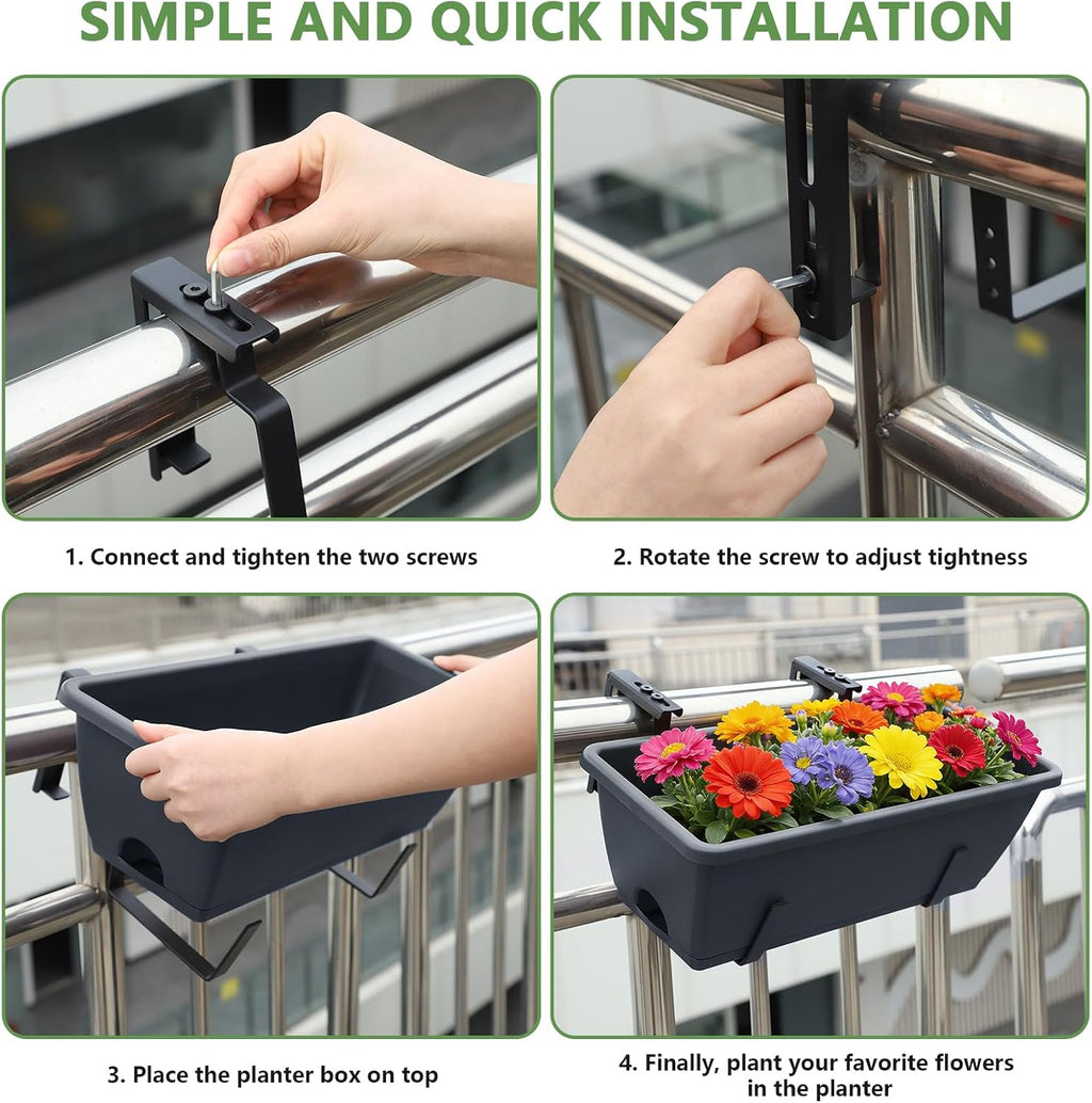 OYEAL Deck Railing Planter Boxes 4 Pack Hanging Window Flower Boxes Outdoor | Railing Planter with Adjustable Brackets