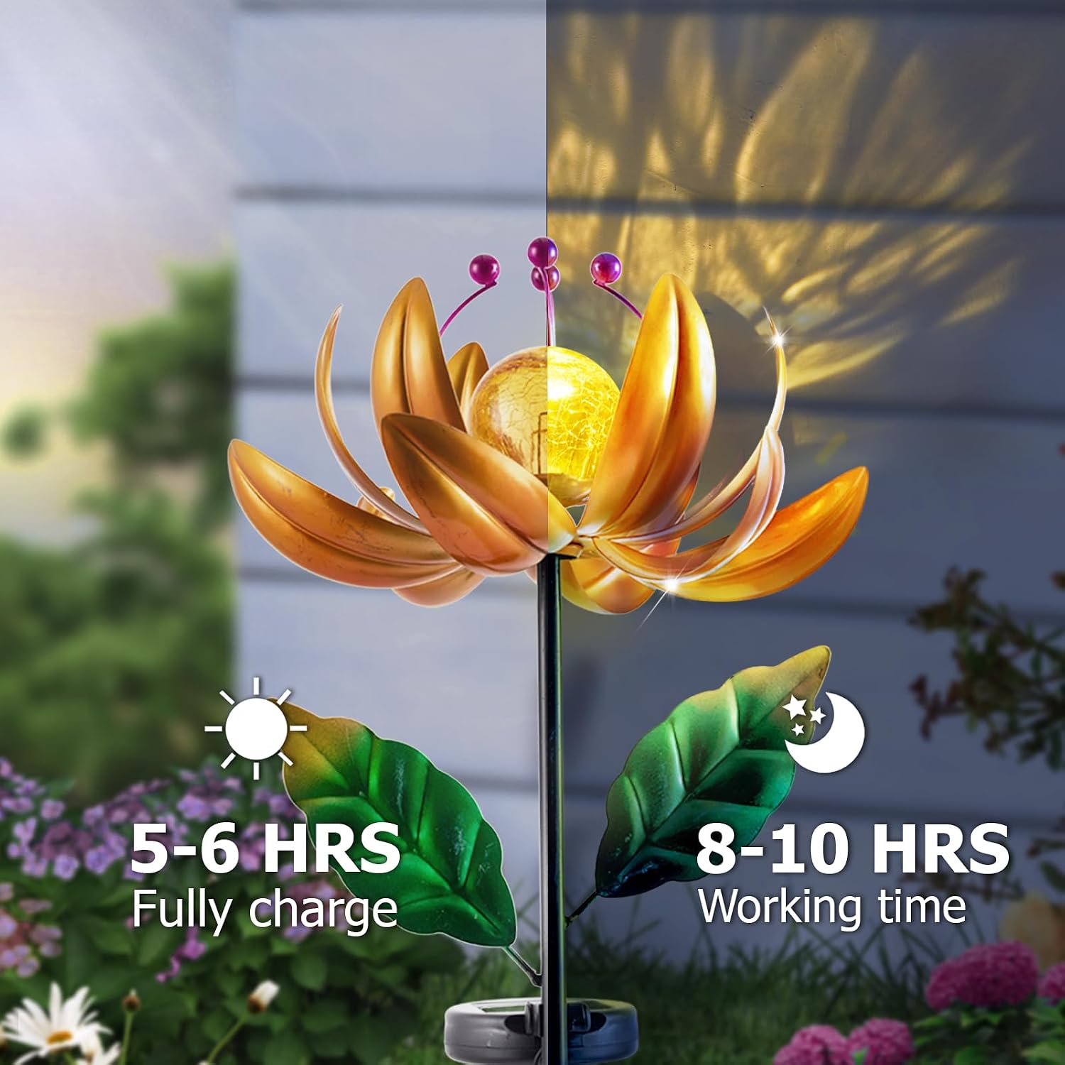 Solar Lights Wind Spinners for Yard and Garden - Metal Lotus Flower Windmills LED Crackle Glass Globe Outdoor Garden