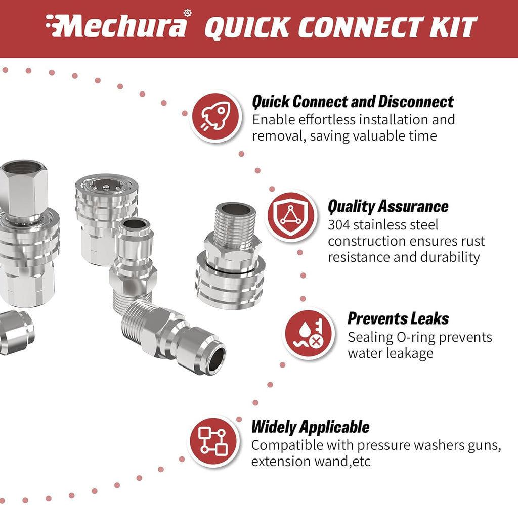 3/8" Pressure Washer Quick Connect Kit (8 Pcs) | Female and Male Swivel Fitting, Stainless Steel Adapter Set 3/8 Quick