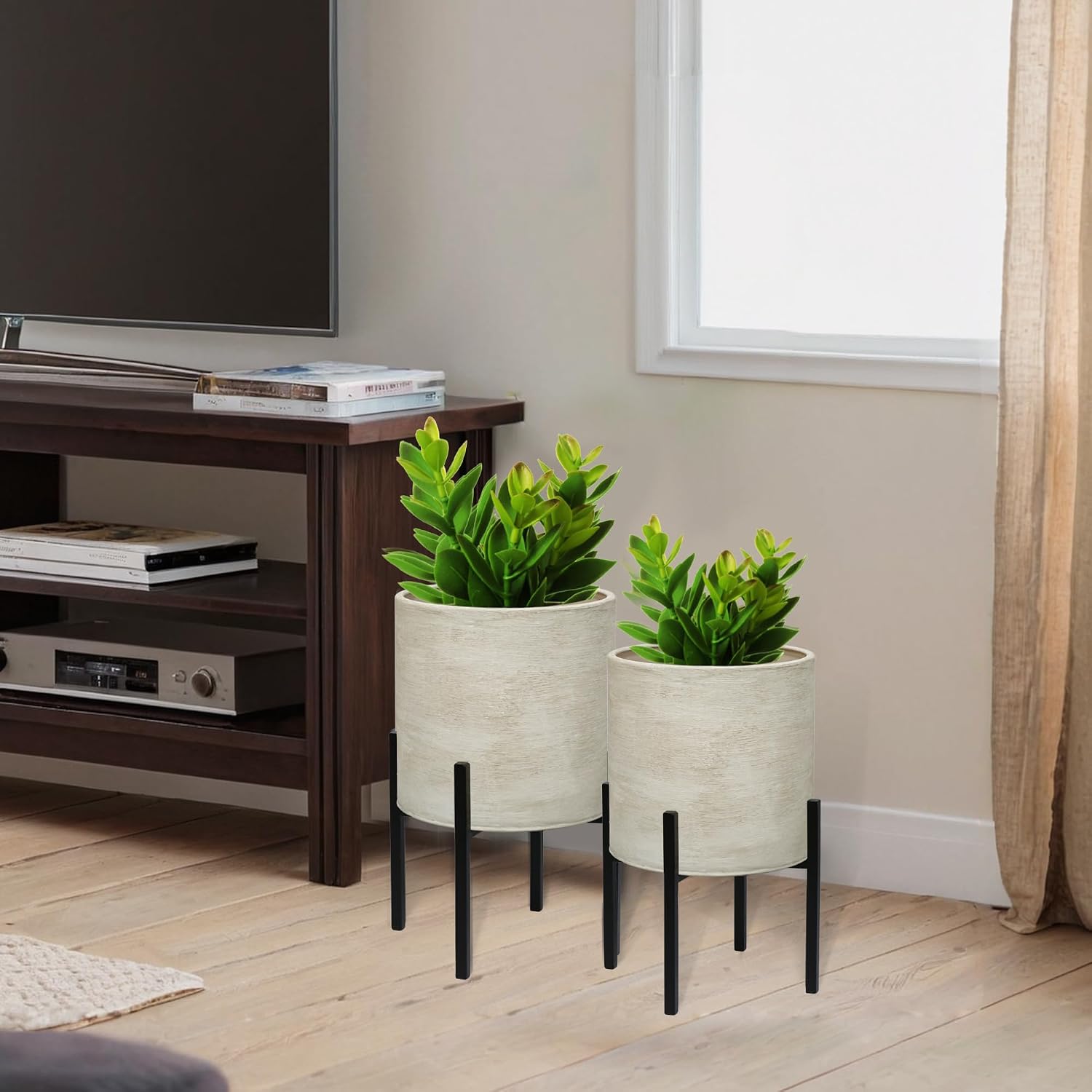 ARNIS Modern Plant Pots, Set of 2 Large Planters with Stand, Decorative Planters, Metal Pots with Drainage Holes for