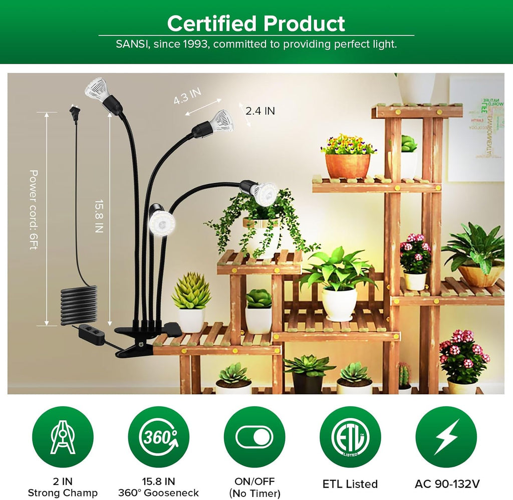 SANSI LED Grow Lights for Indoor Plants, 600W Full Spectrum Gooseneck Clamp | Grow Lamp, 40W Power Plant Light with