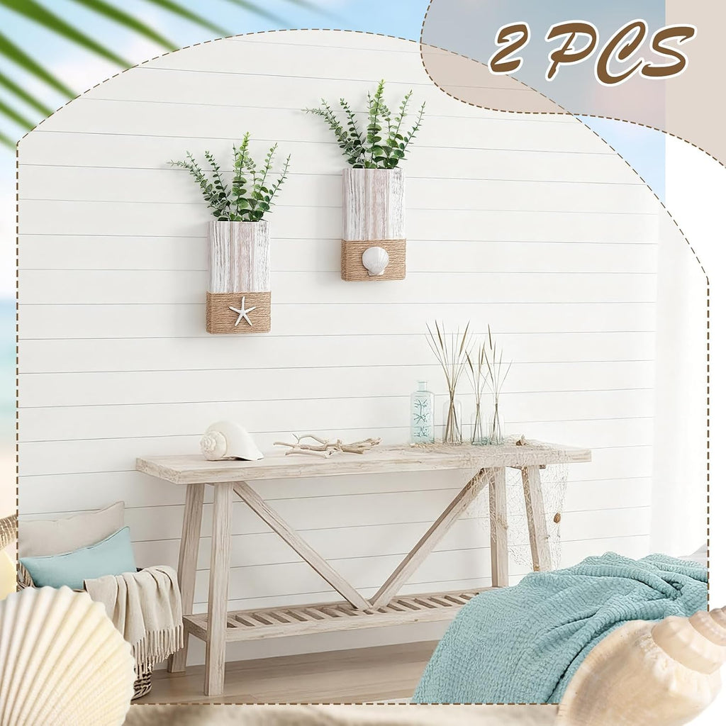 AceOrbit 2 Pcs Beach Rustic Wood Wall Planter Vase Beach Room Decor Nautical Coastal Farmhouse Wall Hanging Decor