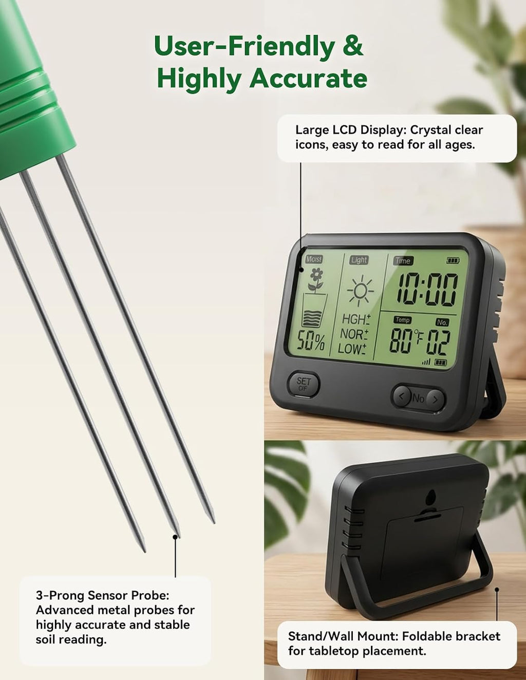 Nexuslab Wireless Soil Moisture Meter with LCD Receiver – 3‑Probe 3‑in‑1 Sensor (Moisture, Temperature, Light), 230 ft