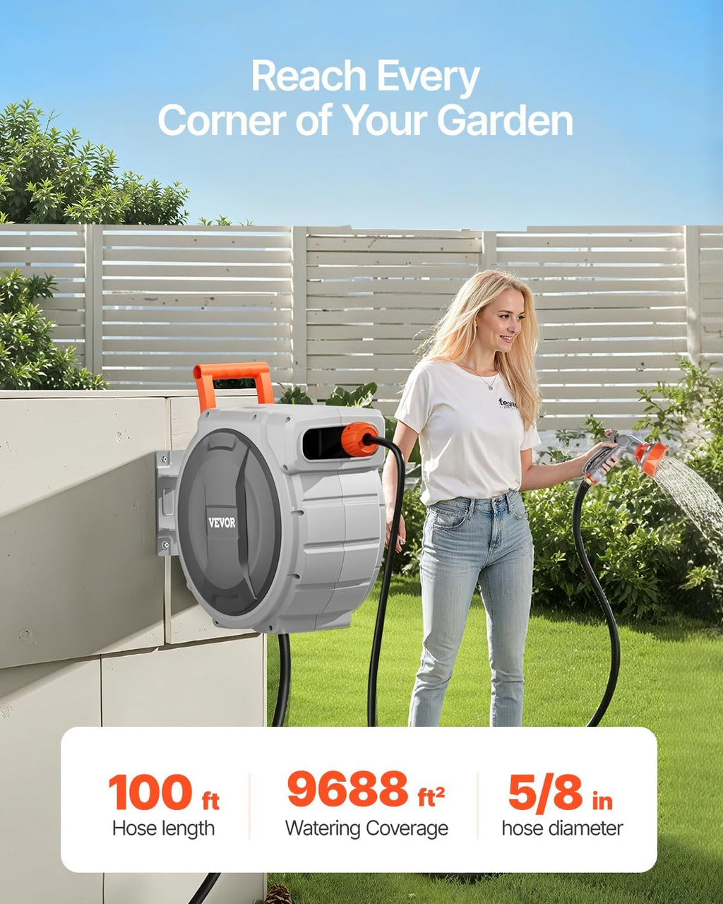 VEVOR Retractable Garden Hose Reel, 5/8 Inch x 100 ft Wall Mounted Hose Reel, Heavy Duty Garden Hose Reel with 9