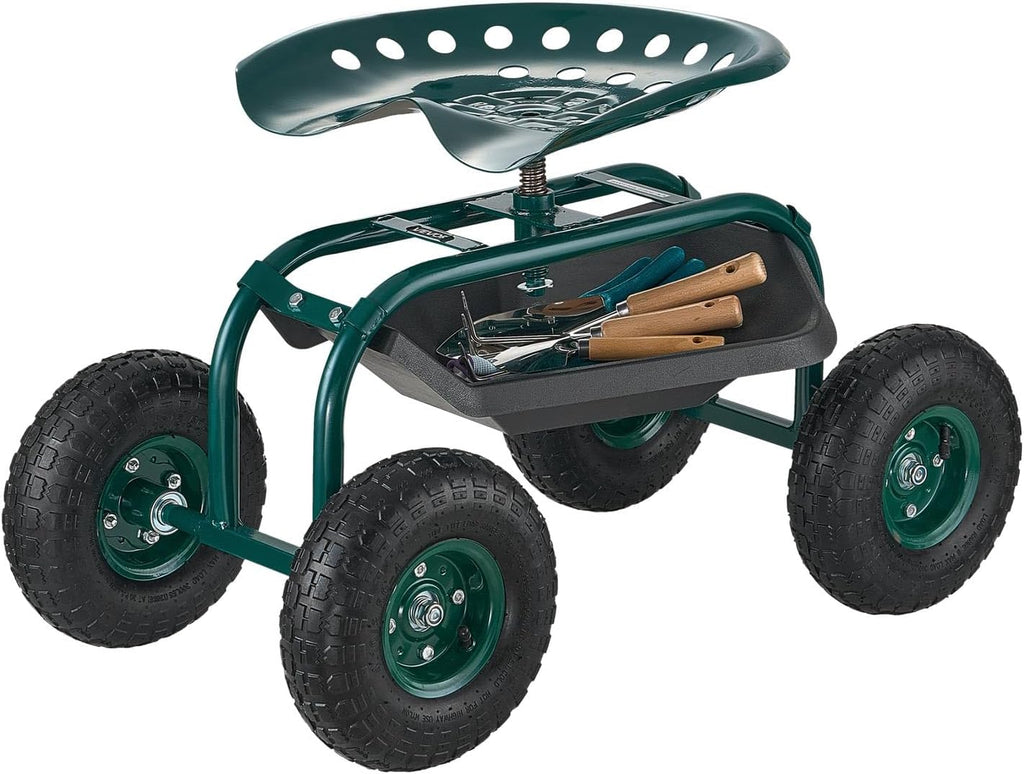 VEVOR Rolling Garden Cart with Swivel Seat, Heavy Duty Garden Seat with Storage Basket & Tool Tray, 300 lbs Weight