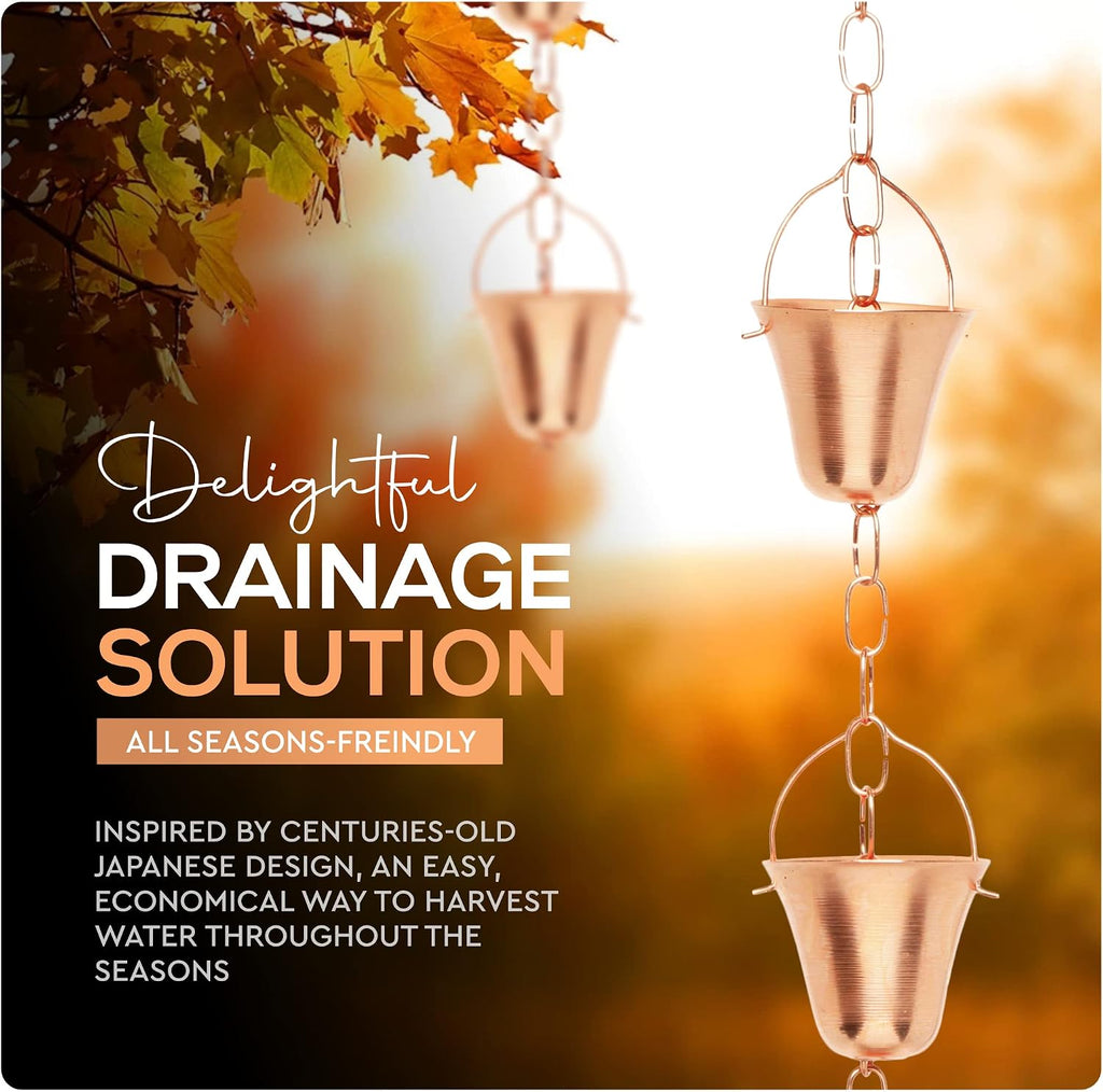 Copper Rain Chain – Decorative Chimes & Cups Replace Gutter Downspout & Divert Water Away from Home for Stunning