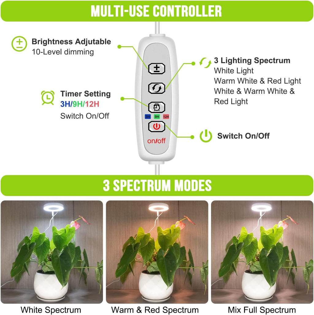 Kullsinss 3.5in Small Grow Lights for Indoor Plants, 48 LEDs Full Spectrum | White Plant Light with Base, Timer &