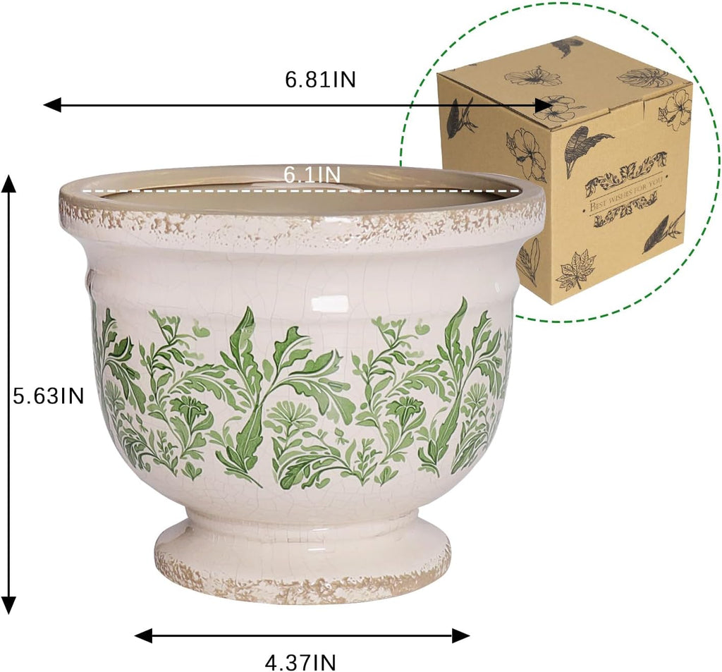 Vintage Ceramic Planter Pot with Drainage, 6.8 Inch Large Crackle Glaze Flower Pot with Green Floral Leaf Pattern for