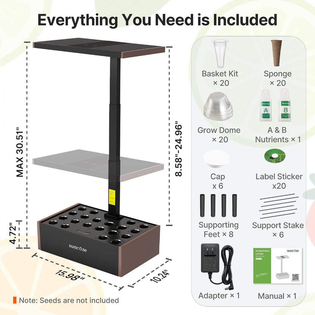 Hydroponics Growing System 20 Pods, 25" Adjustable Height, 10L Tank | Indoor Garden with 30W Dimmable LED Grow Light