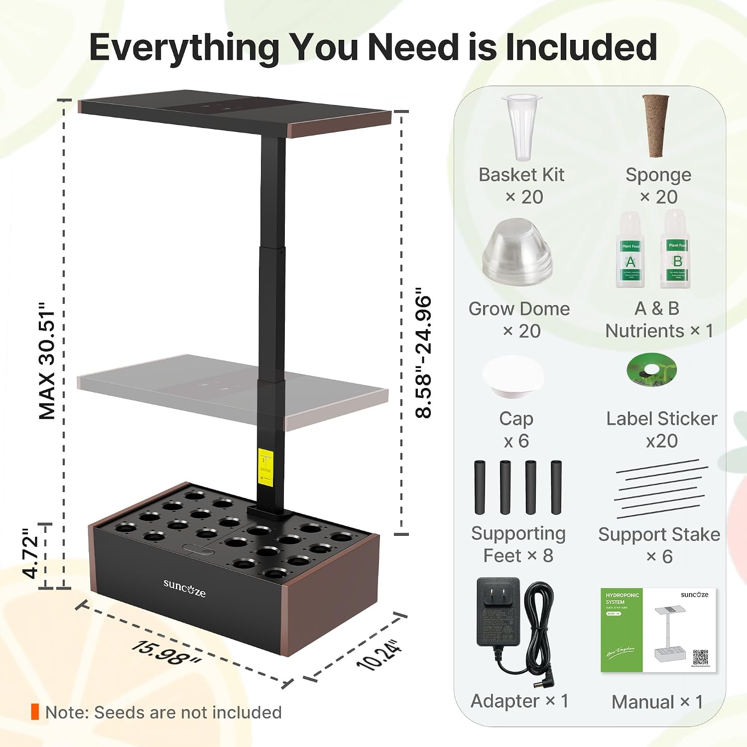Hydroponics Growing System 20 Pods, 25" Adjustable Height, 10L Tank | Indoor Garden with 30W Dimmable LED Grow Light