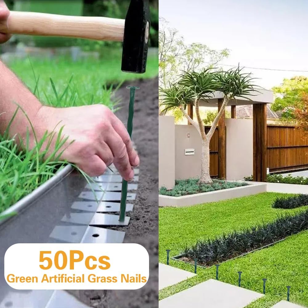 Bakulyor 50 Pack Metal Landscape Stakes, 8 Inch Artificial Grass Nails, 6 Gauge Large Landscaping Staples, Green Edging