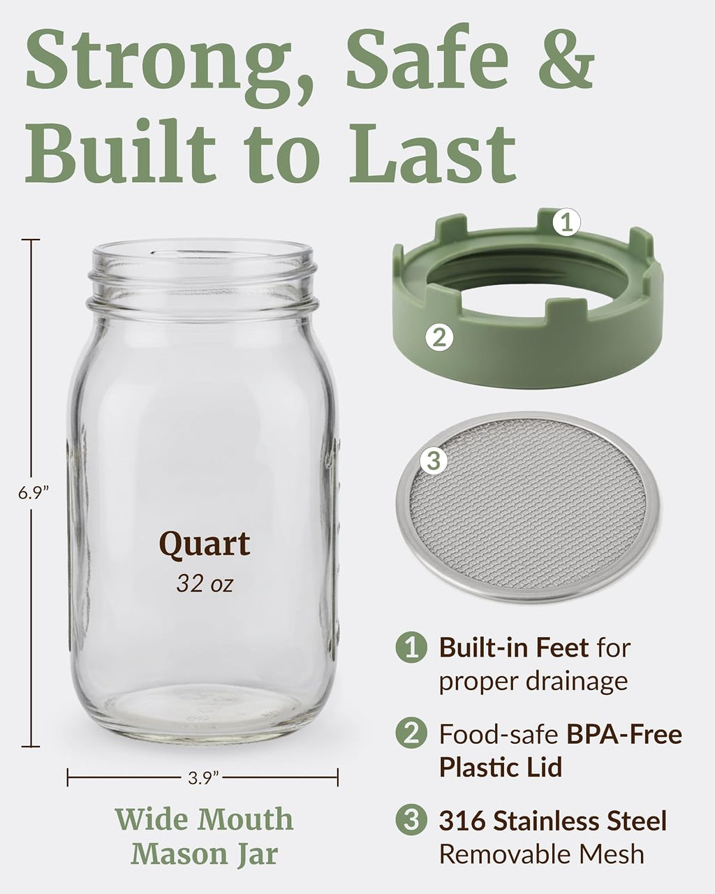 Elementi Sprouting Jar Kit - Set of 2 Wide Mouth Mason Jars with Sprout Lids & Stainless Steel Mesh Screen - Seed