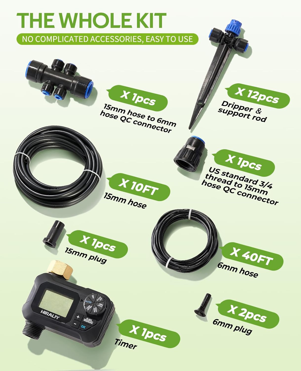 HIRALIY 50FT Automatic Drip Irrigation Kit with Timer | Quick-connect garden watering system with 40FT tubing, 10FT