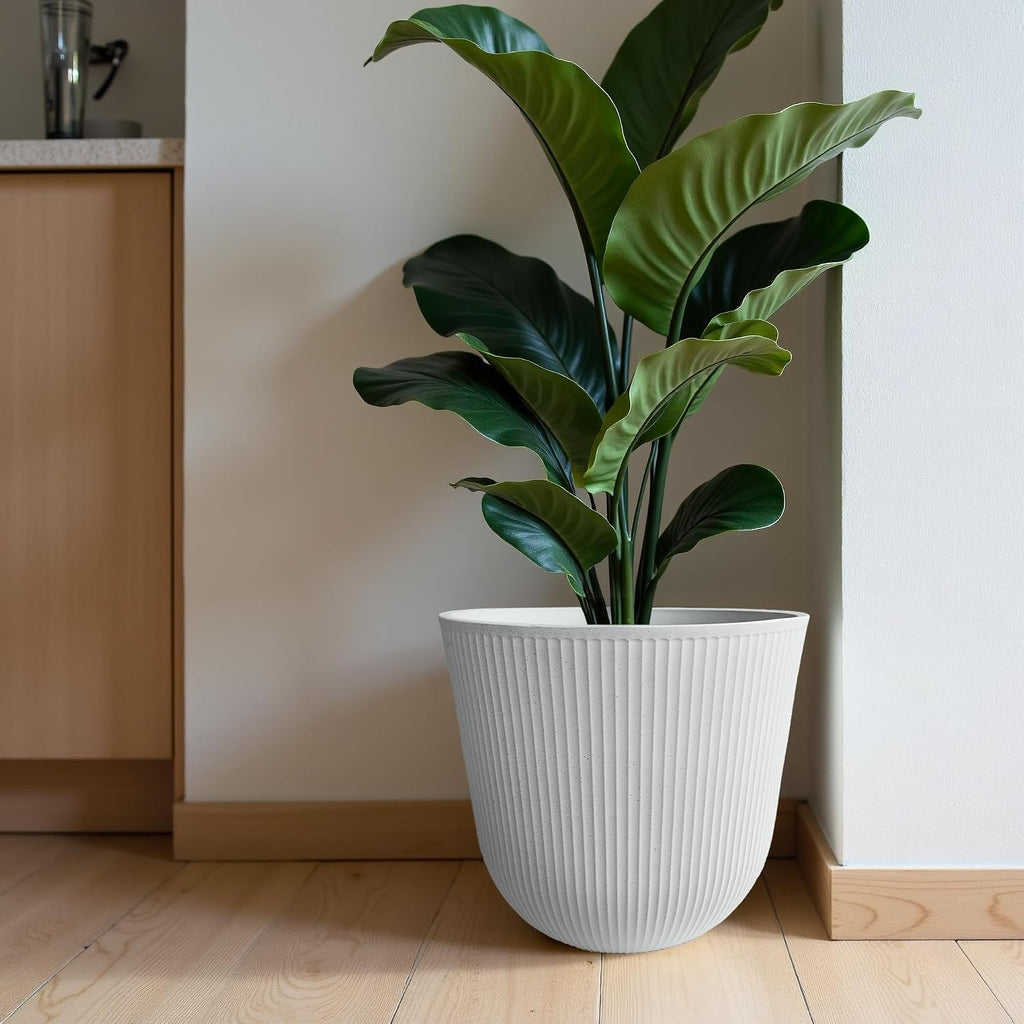 Worth Garden Round Large Planter Pot Set of 2-17.5" Dia x 15.5" H - Durable Plastic White Plant Tree Pots with Vertical