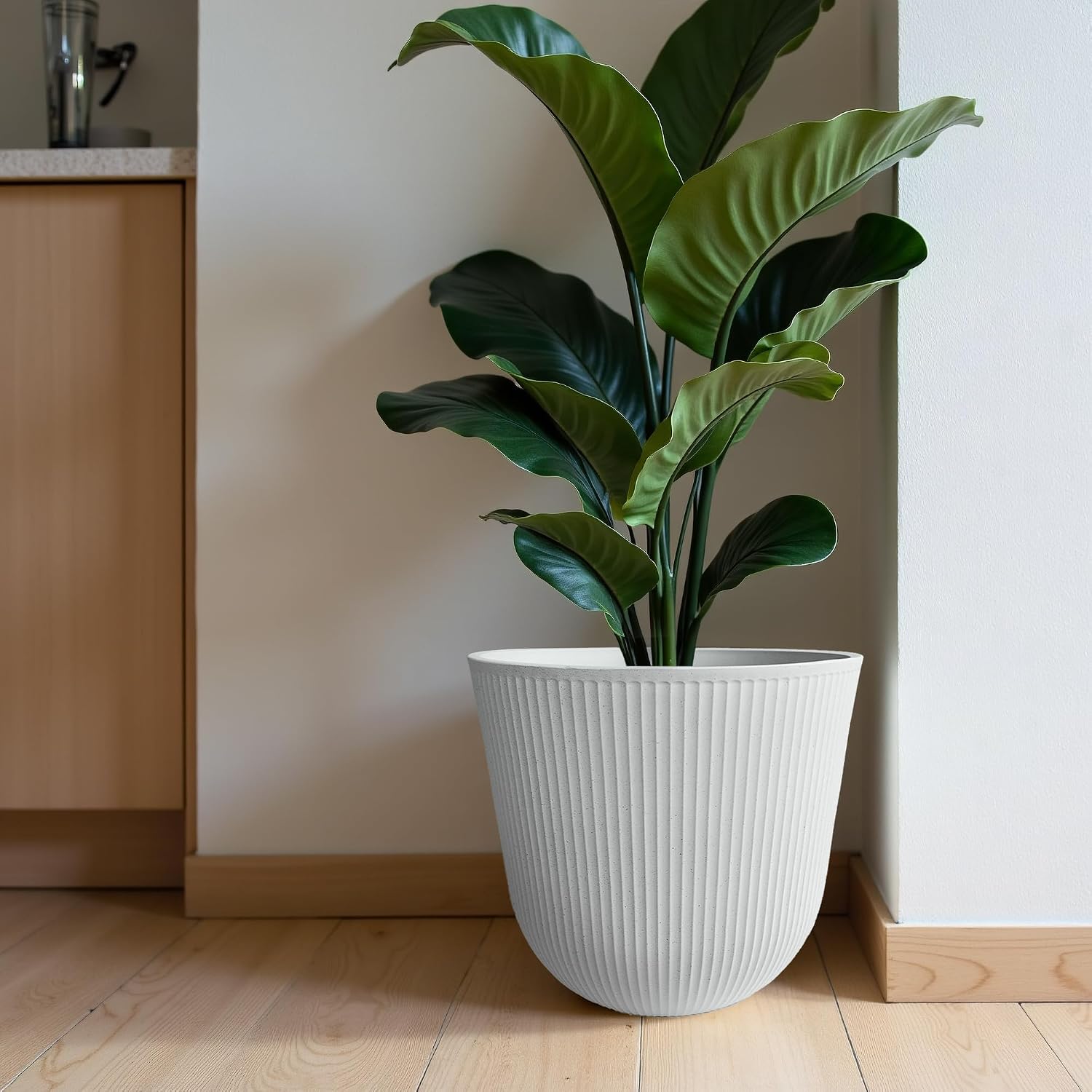 Worth Garden Round Large Planter Pot Set of 2-17.5" Dia x 15.5" H - Durable Plastic White Plant Tree Pots with Vertical