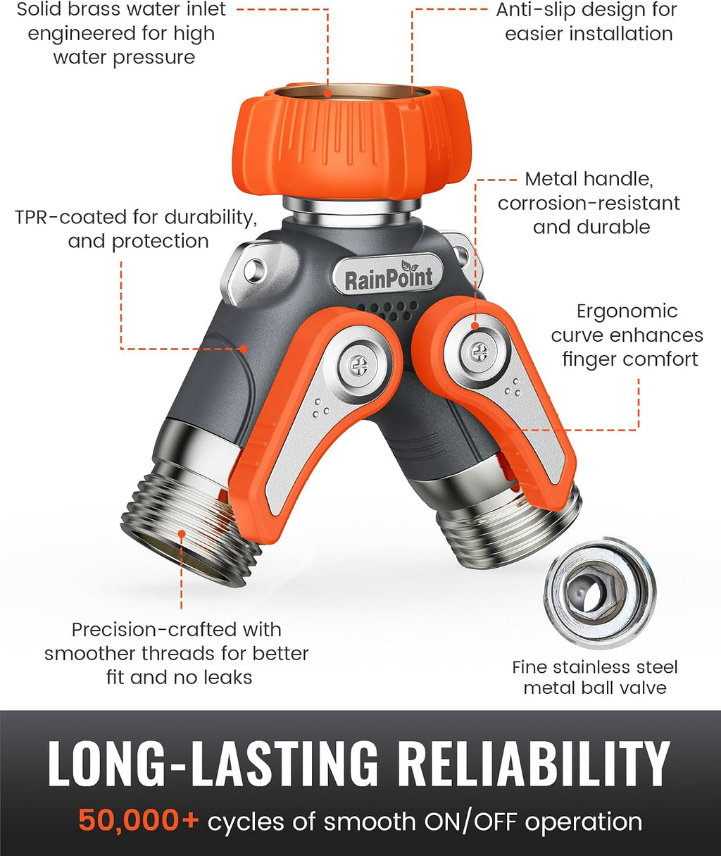 RAINPOINT Garden Hose Splitter 2 Way Heavy Duty, Water Hose Y Spigot Splitter with Shutoff Valves,100% Metal Body Water