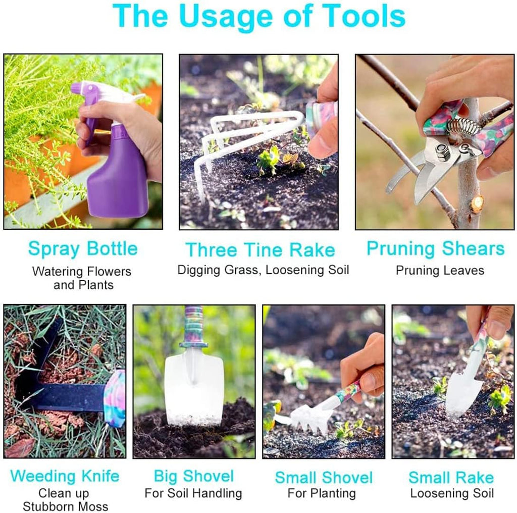Gardening Tools, LEKEONE 10 Pieces Garden Tools with Floral Print, Ergonomic Handle Trowel Rake Weeder Pruner Shears