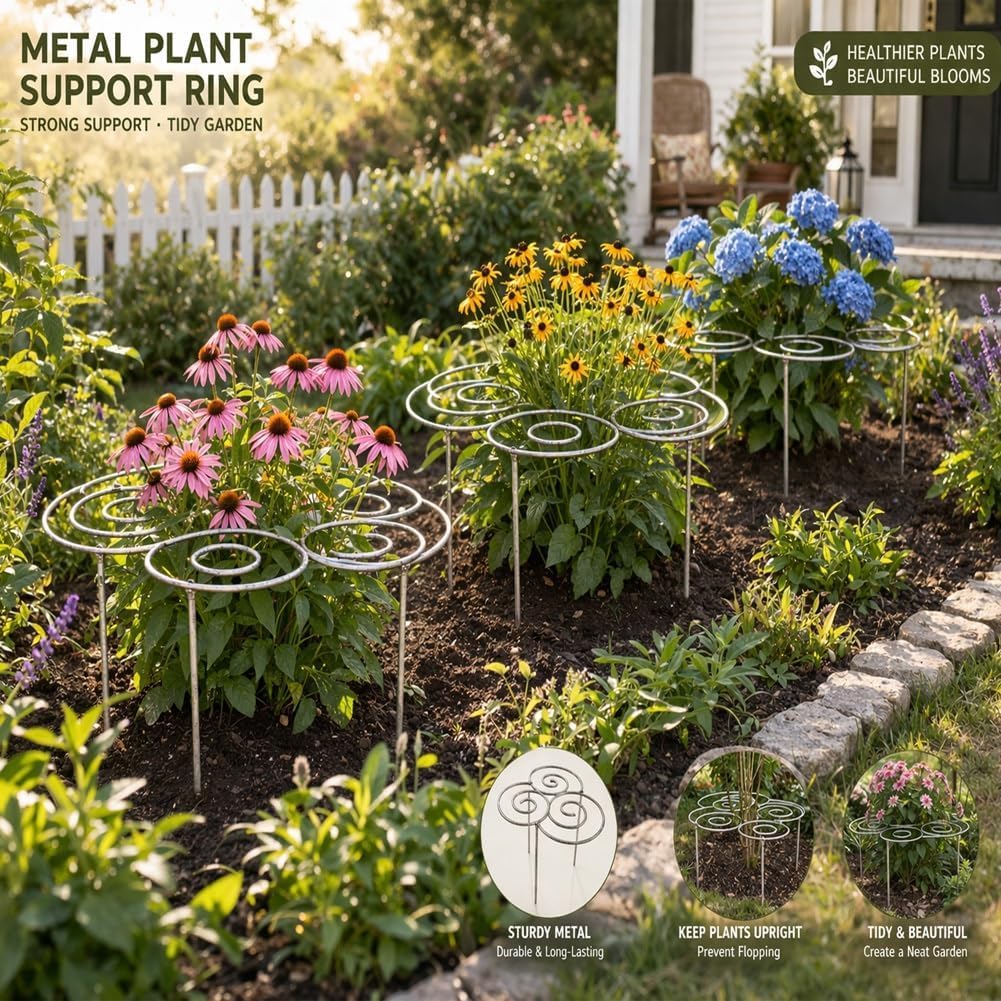 Metal Plant Support Ring for Garden - Stackable Grow Through Plant Stakes, Decorative Half Round Supports for Indoor