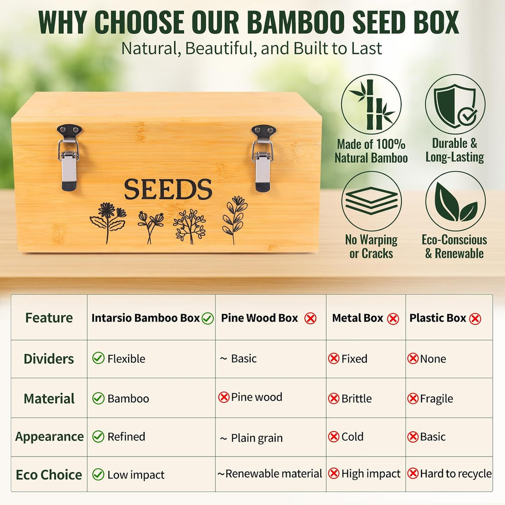 Large Bamboo Wood Seed Storage Organizer Box with Lid,Double-Layer Seal Design Seed Saving Box with 304 Stainless Steel
