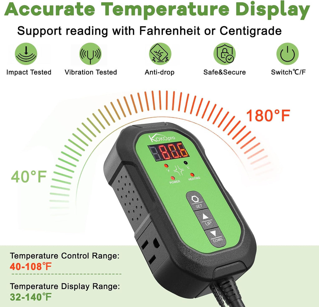 10"x 20" Seedling Heat Mat and Digital Thermostat Combo Set - KOKOPRO Warm Hydroponic Heating Pad for Seed Germination